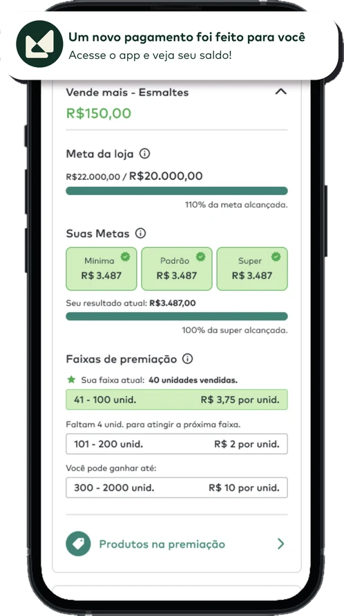 Aplicativo do vendedor: metas da loja e individuais, faixas de premiação e notificação de prêmio disponível para transferir via Pix.